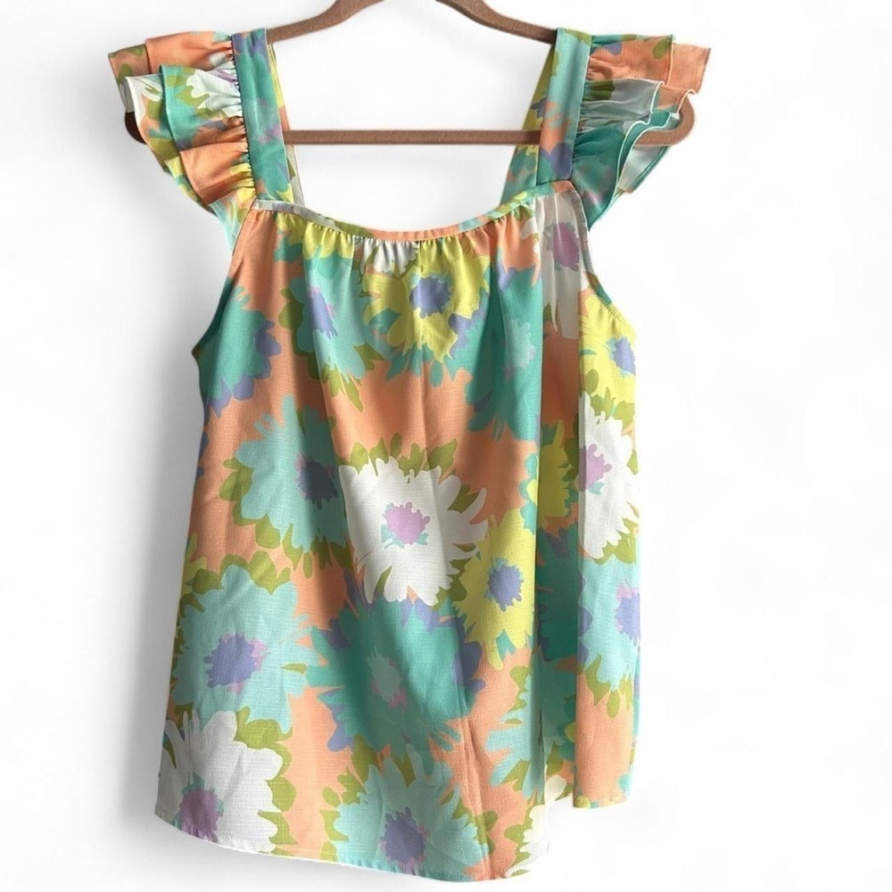 CROSBY by Mollie Burch – Ruffle Sleeve Tank, Watercolor Floral Print – Size M